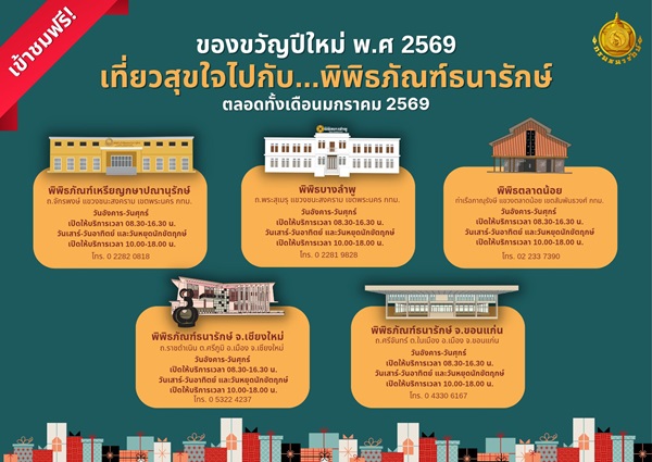กรมธนารักษ์เปิด 5 พิพิธภัณฑ์เข้าชมฟรีตลอดเดือนมกราคม เป็นของขวัญปีใหม่ 2569