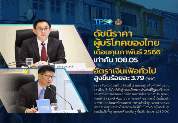 เงินเฟ้อ ก.พ.66 เพิ่ม 3.79% ชะลอตัวลง 2 เดือนติด ต่ำสุดในรอบ 13 เดือน