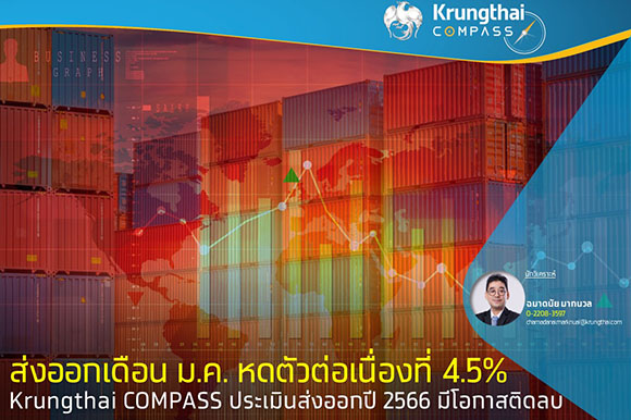 ส่งออกเดือน ม.ค. หดตัวต่อเนื่องที่ 4.5% Krungthai COMPASS ประเมินส่งออกปี 2566 มีโอกาสติดลบ