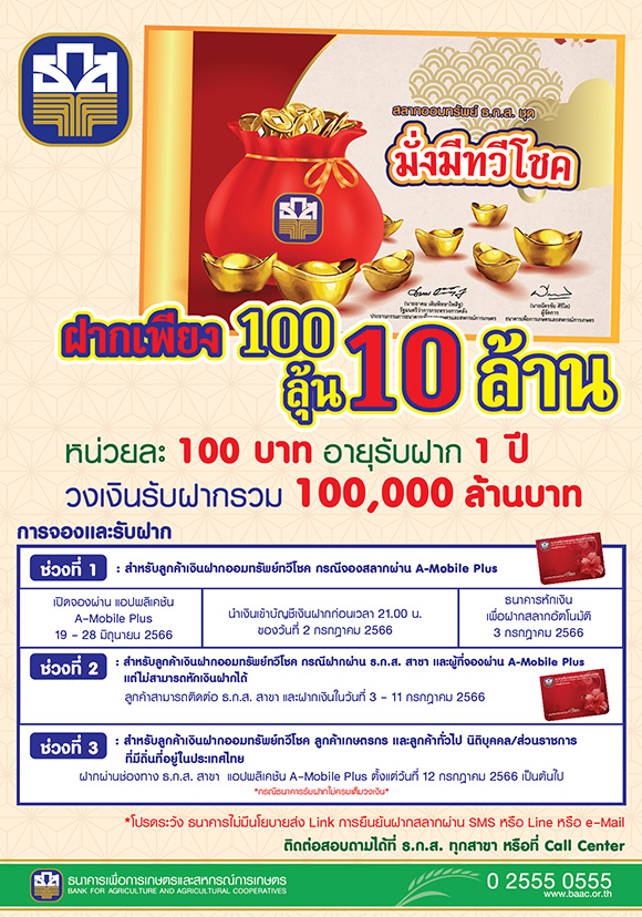 ธ.ก.ส. เปิดตัวสลากมั่งมีทวีโชค ฝาก 100 ลุ้นรางวัลใหญ่ 10 ล้านบาท เปิดจองแล้ววันนี้