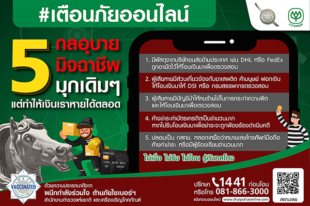 สำนักงานตำรวจแห่งชาติ และ เครือซีพี เปิด 5 กลอุบายมุกคอลเซนเตอร์ โจรไซเบอร์ใช้หลอกประจำ ย้ำต้องมีสติทุกขณะ พร้อมจับมือสานต่อโครงการ ‘ผนึกกำลังร่วมใจ ต้านภัยไซเบอร์ ไม่เชื่อ ไม่รีบ ไม่โอน รู้ทันกลโกง’ ต่อเนื่อง