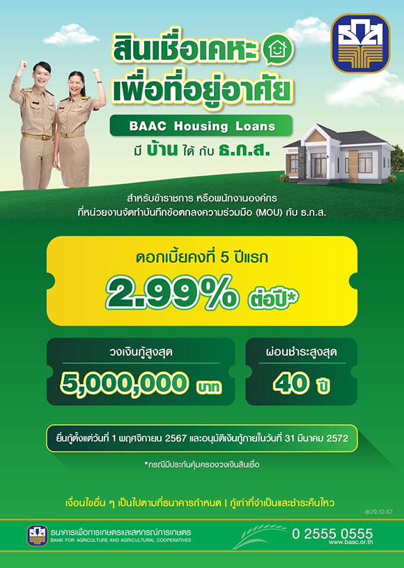 ธ.ก.ส. จัดสินเชื่อ BAAC Housing Loans ดอกเบี้ย 5 ปีแรก ร้อยละ 2.99