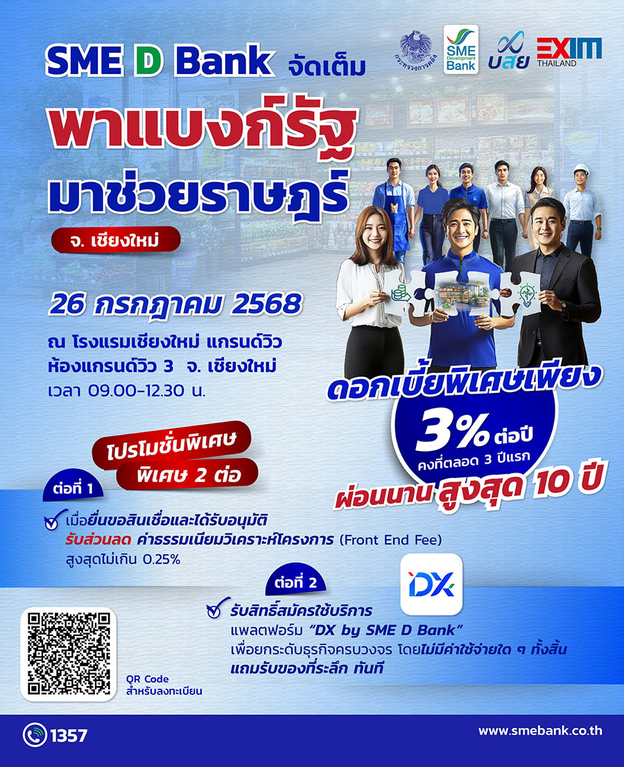 SME D Bank ขึ้นเหนือ จัดใหญ่ ‘พาแบงก์รัฐ มาช่วยราษฎร์’ จ.เชียงใหม่ พาเอสเอ็มอีเข้าถึงสินเชื่อดอกเบี้ยต่ำ 3%ต่อปี แถมรับโปรพิเศษอีก 2 ต่อ