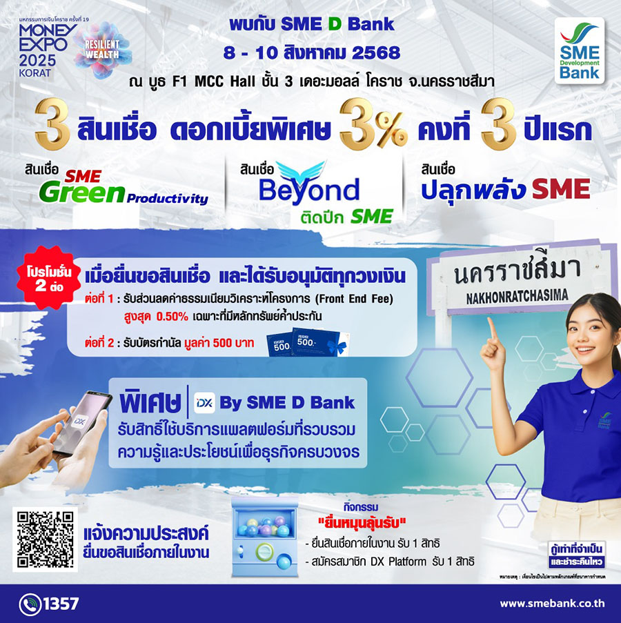 SME D Bank บุกแดนอีสาน ทุ่มสุดใจเพื่อเอสเอ็มอีไทย ในงาน ‘มหกรรมการเงินโคราช’ ยกทัพสินเชื่อดอกเบี้ยพิเศษเพียง 3% ต่อปี คู่พัฒนาเสริมแกร่ง ดันธุรกิจเดินหน้าเต็มกำลัง