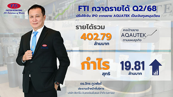 FTI กวาดรายได้ Q2/68 ที่ 402.79 ลบ. กำไร 19.81 ลบ. ปรับใช้เงิน IPO จากขยาย AQUATEK เป็นเงินทุนหมุนเวียน