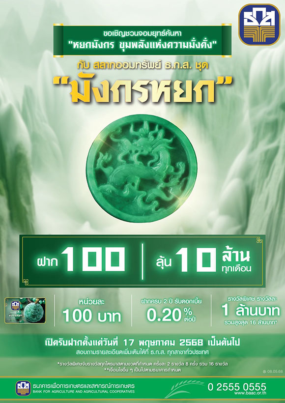 ธ.ก.ส. เปิดตัวสลากออมทรัพย์ ธ.ก.ส. ชุดมังกรหยก หน่วยละ 100 บาท ลุ้นโชคใหญ่ 10 ล้าน พร้อมลุ้นรางวัลพิเศษรวมกว่า 16 ล้านบาท