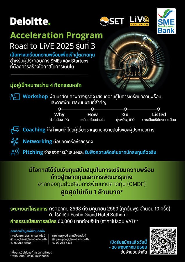ดีลอยท์ จับมือ SME D Bank เดินหน้าโครงการ Road to LiVE 2025 รุ่นที่ 3 ติดปีกธุรกิจศักยภาพสูงสู่ตลาดทุน
