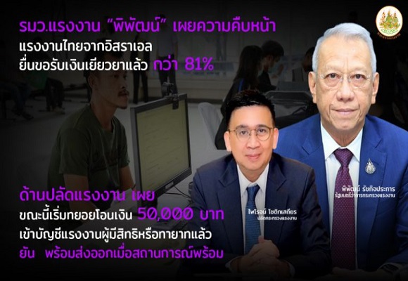 รมว.แรงงาน'พิพัฒน์'เผยความคืบหน้าแรงงานไทยจากอิสราเอลยื่นขอรับเงินเยียวยาแล้วกว่า 81% ด้านปลัดแรงงาน เผย ขณะนี้เริ่มทยอยโอนเงิน 50,000 บาท เข้าบัญชีแรงงานผู้มีสิทธิหรือทายาทแล้ว