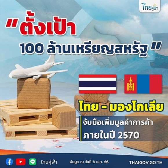 ไทย-มองโกเลีย จับมือเพิ่มมูลค่าการค้า ภายในปี 2570 ตั้งเป้า 100 ล้านเหรียญสหรัฐ