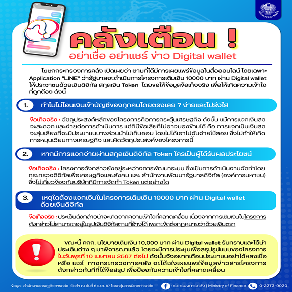 คลังเตือนอย่าเชื่อ อย่าแชร์ ข่าว Digital wallet