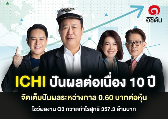 ICHI จ่ายปันผลต่อเนื่อง 10 ปี จัดเต็มปันผลระหว่างกาล บอร์ดไฟเขียวอัตรา 0.60 บาทต่อหุ้นตอบแทนผู้ถือหุ้น ข่าวดีรับผลงานไตรมาส 3/67 เติบโตทั้งยอดขายและกำไร