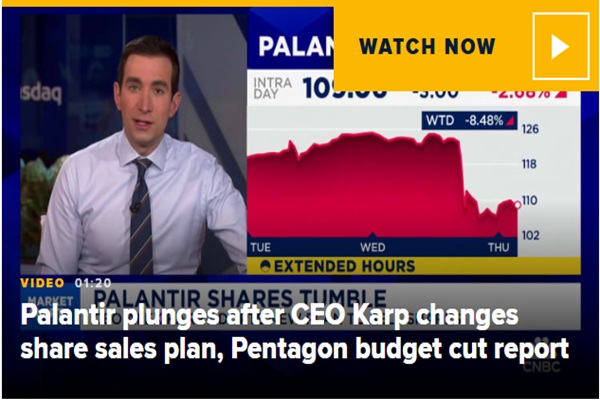 Palantir plunges after CEO Karp changes share sales plan, Pentagon budget cut report