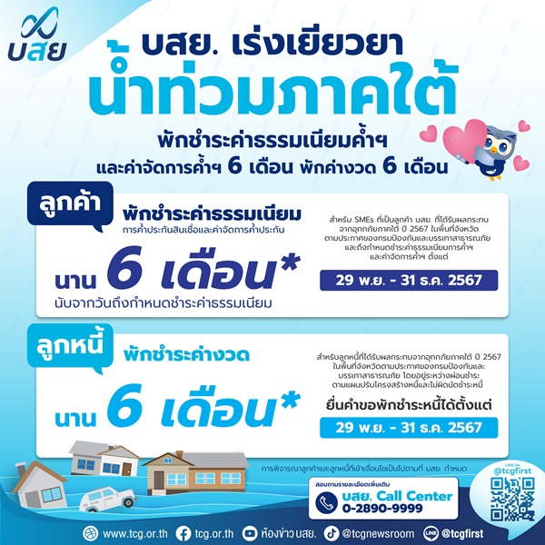 บสย.ส่งมาตรการด่วน เยียวยา`ลูกค้า-ลูกหนี้`น้ำท่วมภาคใต้ พักค่าธรรมเนียม-พักหนี้ 6 เดือน ช่วย SMEs ฟื้นฟูกิจการ    