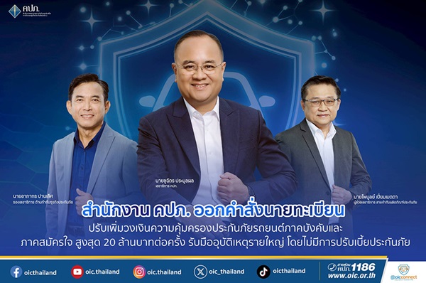 คปภ.ออกคำสั่งนายทะเบียน ปรับเพิ่มวงเงินความคุ้มครองประกันภัยรถยนต์ สูงสุด 20 ลบ./ครั้ง