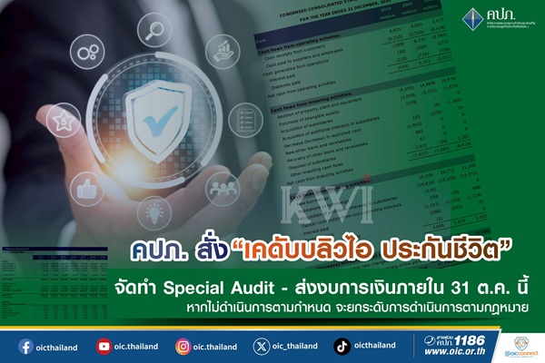 คปภ.สั่ง'เคดับบลิวไอ ประกันภัย'จัดทำ Special Audit - ส่งงบการเงินภายใน 31 ต.ค.นี้ หากไม่ดำเนินการตามกำหนด จะยกระดับการดำเนินการตามกฎหมาย