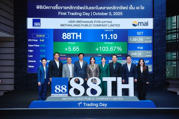 8TH เปิดเทรด mai ที่ 12 บาท เพิ่มขึ้น 6.55 บาท หรือ 120% จาก IPO 5.45 บาท