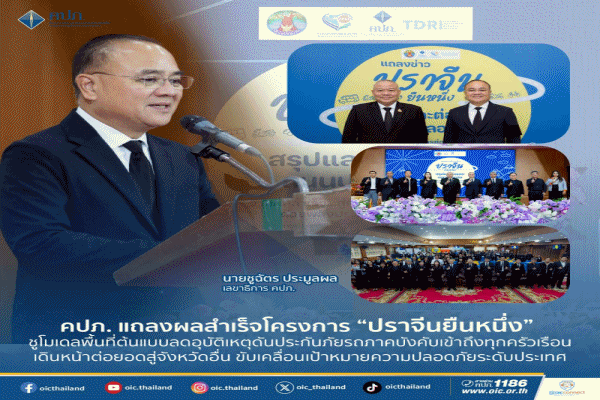 คปภ.แถลงผลสำเร็จโครงการ`ปราจีนยืนหนึ่ง`ชูโมเดลพื้นที่ต้นแบบลดอุบัติเหตุ ดันประกันภัยรถภาคบังคับเข้าถึงทุกครัวเรือน เดินหน้าต่อยอดสู่จังหวัดอื่น ขับเคลื่อนเป้าหมายความปลอดภัยระดับประเทศ