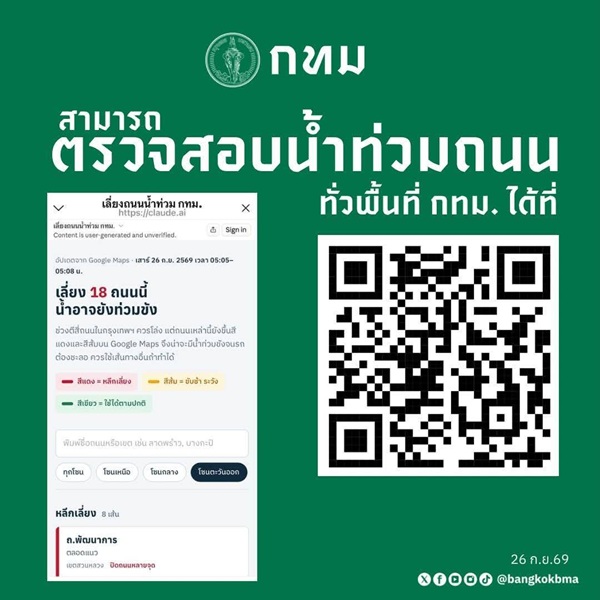 กทม. เปิดเว็บไซต์ ตรวจสอบสภาพน้ำท่วมขังถนน ทั่วพื้นที่ 