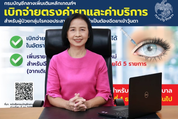 กรมบัญชีกลางเพิ่มเติมหลักเกณฑ์ฯ เบิกจ่ายตรงค่ายาและค่าบริการ สำหรับผู้ป่วยกลุ่มโรคจอประสาทตาเสื่อมที่จำเป็นต้องฉีดยาเข้าวุ้นตา