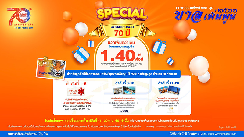 พิเศษสุด!! ฉลองครบรอบ 70 ปี ธอส. ซื้อสลากออมทรัพย์ ชุด ‘ขาลเพิ่มพูน ปี 2566’ ตั้งแต่วันที่ 11-30 ก.ย. 66 นี้ รับผลตอบแทนหน้าสลากสูงถึง 1.40% ต่อปี