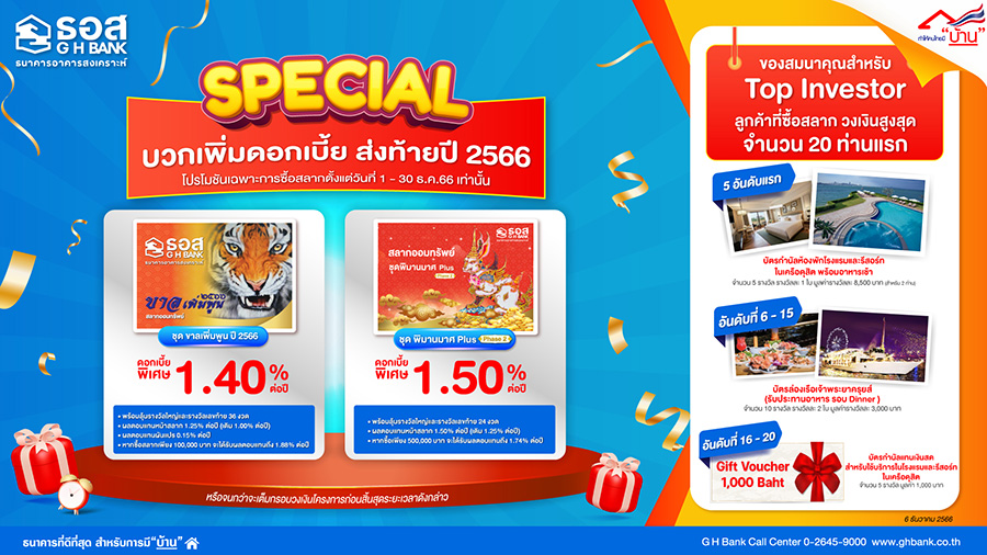SPECIAL...บวกเพิ่มดอกเบี้ยส่งท้ายปี 2566 กับ สลากออมทรัพย์ ธอส. ชุด พิมานมาศ Plus Phase 2 และ ชุดขาลเพิ่มพูน ปี 2566