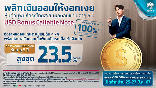 กรุงไทย เดินหน้าออกหุ้นกู้อนุพันธ์สะสมผลตอบแทน สกุลบาท และ USD พลิกเงินออมให้งอกเงยรับผลตอบแทนสูงพร้อมคุ้มครองเงินต้น 100% พร้อมโอกาสรับผลตอบแทนโบนัสปีแรก