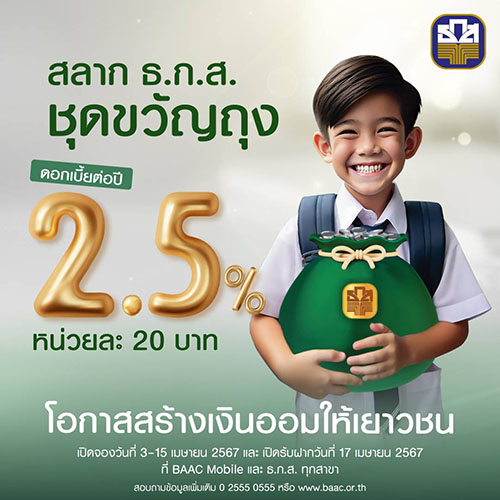 ธ.ก.ส. ชวนเด็กๆ ออมเงิน เปิดสลากขวัญถุง หน่วยละ 20 บาท รับดอกเบี้ย 2.5% แถมลุ้นรางวัลรวมมูลค่ากว่า 73 ล้านบาท เปิดจอง 3 เม.ย. นี้