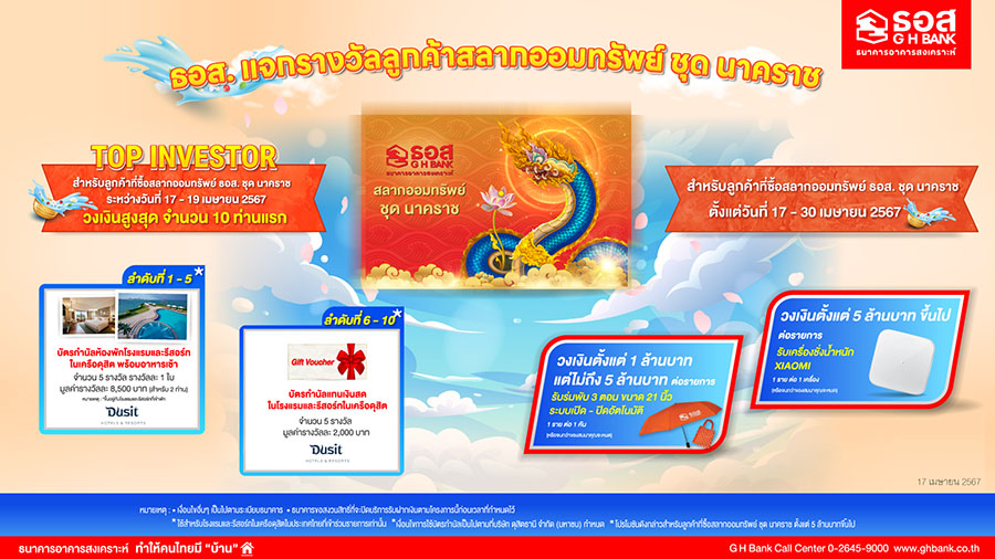 ธอส. จัดโปรโมชันพิเศษ 2 ต่อ ตอบแทนลูกค้าสลากออมทรัพย์ ชุดนาคราช เพียงซื้อวันนี้ มีโอกาสรับของสมนาคุณสุดพรีเมียมฟรีทันที!!