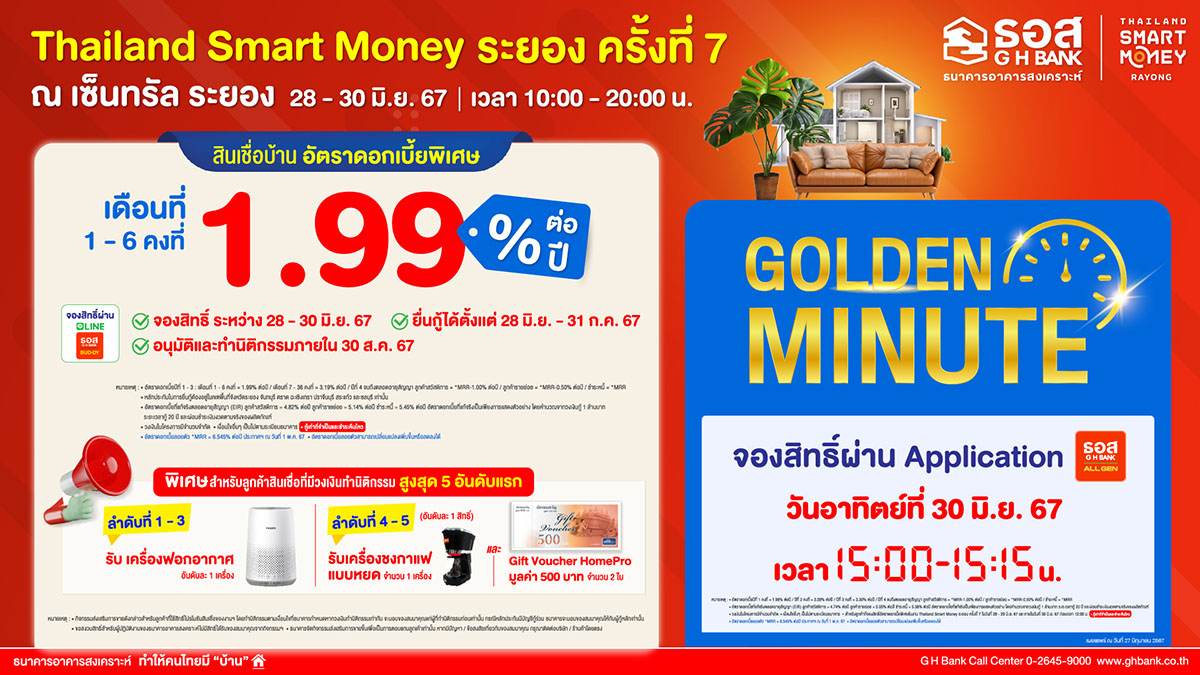 ธอส. นำโปรโมชันสินเชื่อบ้านอัตราดอกเบี้ยต่ำ 6 เดือนแรกเพียง 1.99% ต่อปี ร่วมงาน ‘Thailand Smart Money ระยอง ครั้งที่ 7’ ระหว่างวันที่ 28 - 30 มิ.ย. 2567