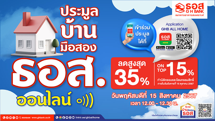 ธอส. จัดประมูลบ้านมือสองออนไลน์ ประจำเดือนสิงหาคม 2567 พบทรัพย์เด่นกว่า 1,800 รายการทั่วประเทศ ลดราคาสูงสุดถึง 35% และ On Top อีก 15%* พร้อมกันทั่วประเทศ วันพฤหัสบดีที่ 15 สิงหาคม 2567 นี้