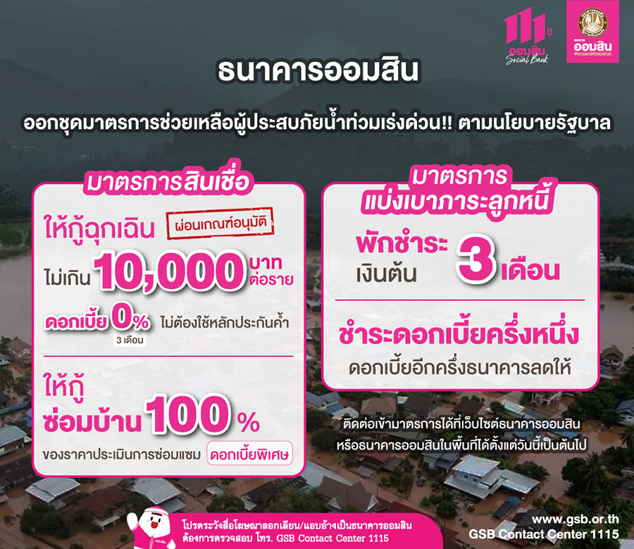 ออมสิน ออกชุดมาตรการช่วยเหลือผู้ประสบภัยน้ำท่วมเร่งด่วน!! ตามนโยบายรัฐบาล