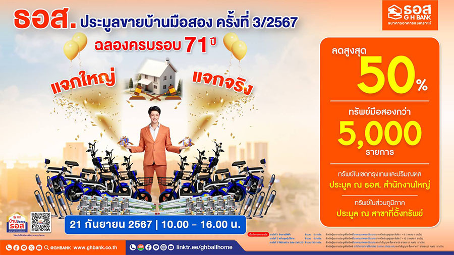 ฉลองครบรอบ 71 ปี ธอส.!! จัดงานประมูลขายบ้านมือสอง ครั้งที่ 3/2567