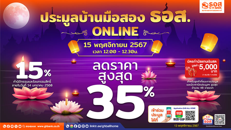 โอกาสของคนอยากมีบ้านมาแล้ว!! ธอส. จัดประมูลบ้านมือสองออนไลน์ วันศุกร์ที่ 15 พฤศจิกายน 2567 พบทรัพย์เด่น ทำเลดีกว่า 1,300 รายการทั่วประเทศ พร้อมส่วนลดสูงสุดถึง 35% On top อีก 15%
