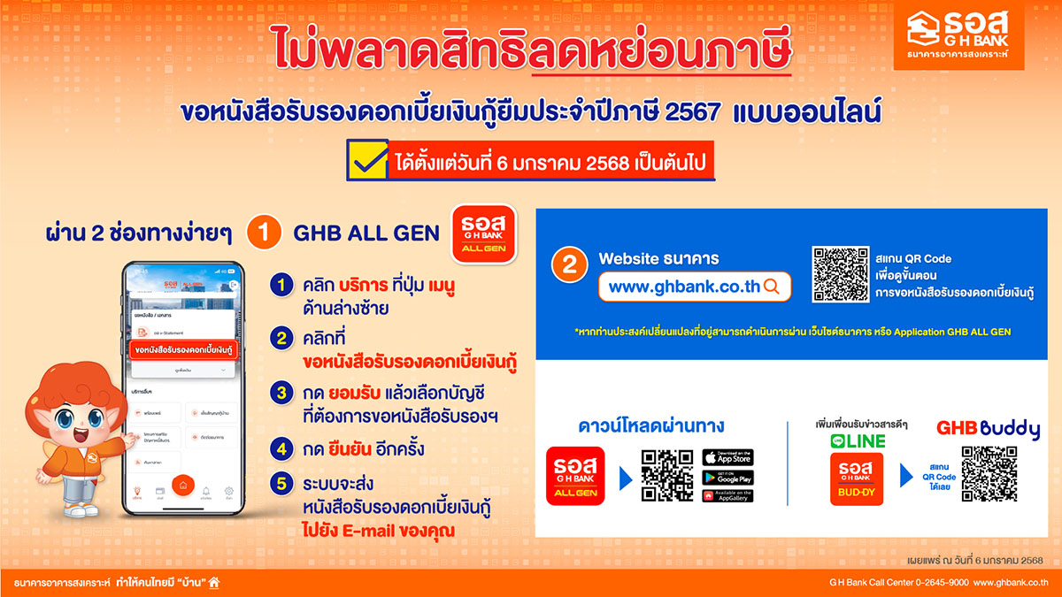 ลูกค้า ธอส. ขอหนังสือรับรองดอกเบี้ยเงินกู้ด้วยตัวเองง่ายๆ ผ่าน 2 ช่องทาง Application : GHB ALL GEN และ www.ghbank.co.th
