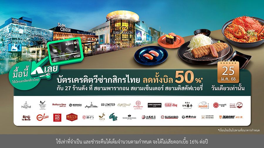 ‘มื้อนี้ K เลย’ 25 ม.ค.นี้ ปักหมุดอิ่มอร่อย ลดทั้งบิล 50%* กับบัตรเครดิตวีซ่ากสิกรไทย 27 ร้านดังที่สยามพารากอน สยามเซ็นเตอร์ สยามดิสคัฟเวอรี่ 