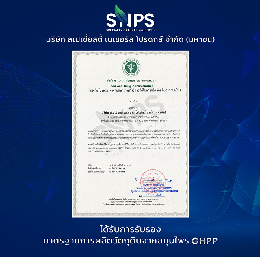 SNPS ได้รับการรับรองมาตรฐานการผลิตวัตถุดิบจากสมุนไพร (GHPP) ‘ยกระดับการเป็นผู้นำการผลิตวัตถุดิบสมุนไพรสู่มาตรฐานสากล’