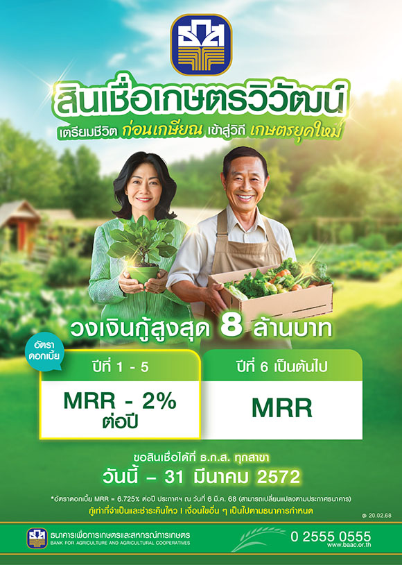 ธ.ก.ส. เปิดตัว ‘สินเชื่อเกษตรวิวัฒน์’ ให้กู้เพื่อซื้อที่ดินทำการเกษตรคู่ขนาน รองรับการเข้าสู่ Aging Society สูงสุด 8 ล้านบาท