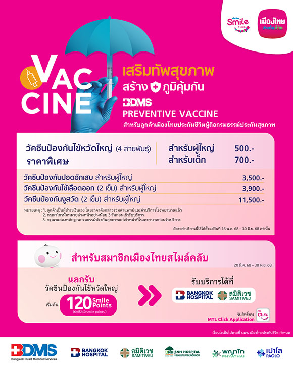 เมืองไทยประกันชีวิต ส่งความห่วงใย ให้คุณสุขภาพดี ผ่านแคมเปญ ‘Special Point วัคซีนป้องกันไข้หวัดใหญ่’ พร้อมสร้าง Smile Moment ได้ทุกวัน แก่สมาชิกเมืองไทยสไมล์คลับ