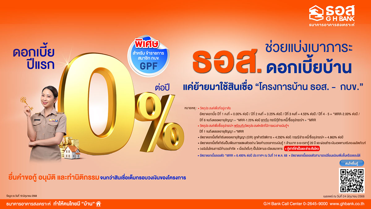 ธอส. ช่วยแบ่งเบาภาระดอกเบี้ยบ้านให้ลูกค้า กับ สินเชื่อบ้าน ธอส. - กบข. อัตราดอกเบี้ย 0% ปีแรก ผ่อนชำระเงินงวดเริ่มต้นเพียงล้านละ 4,400 บาทต่อเดือน เท่านั้น!