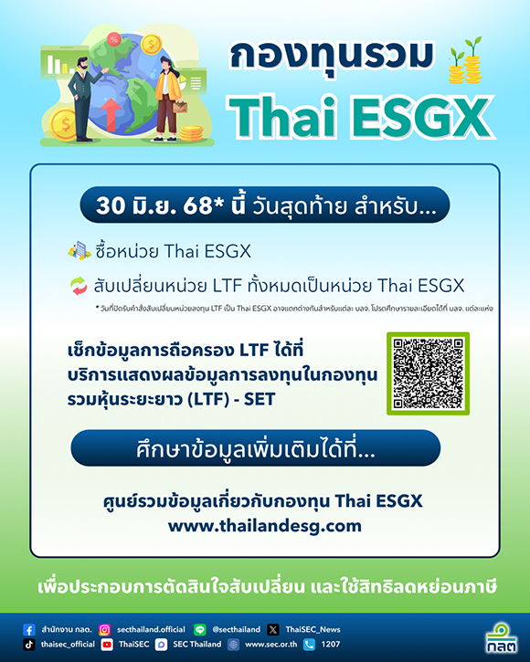 ก.ล.ต. ย้ำผู้ลงทุนยังใช้สิทธิประโยชน์ทางภาษีผ่านกองทุน Thai ESGX ได้ถึง 30 มิถุนายน 2568