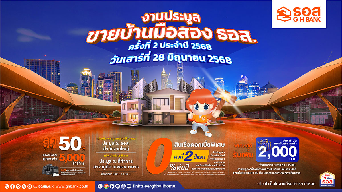 ประมูลใหญ่กลางปี ครั้งที่ 2 /2568 ธอส. จัดทรัพย์เด่นทั่วประเทศกว่า 9,000 รายการ ลดราคาสูงสุด 50% ในงานประมูลขายบ้านมือสอง ธอส. พบกันวันที่ 28 มิถุนายนนี้ เวลา 08.00 – 16.00 น.