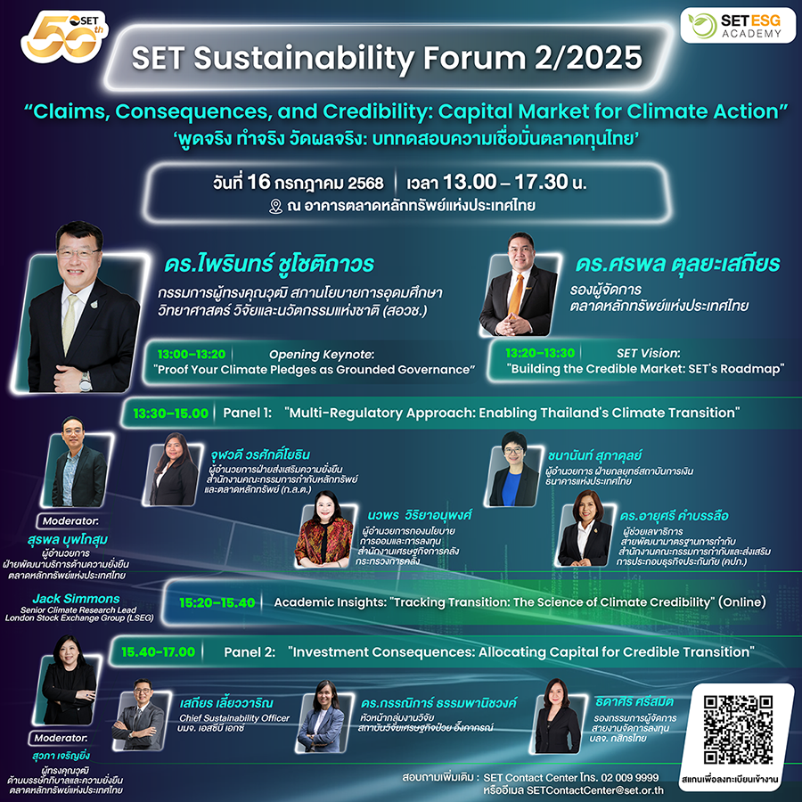 ตลาดหลักทรัพย์ฯ ชวนฟังสัมมนา ‘SET Sustainability Forum หัวข้อ Claims, Consequences, and Credibility: Capital Market for Climate Action 16 ก.ค. นี้’