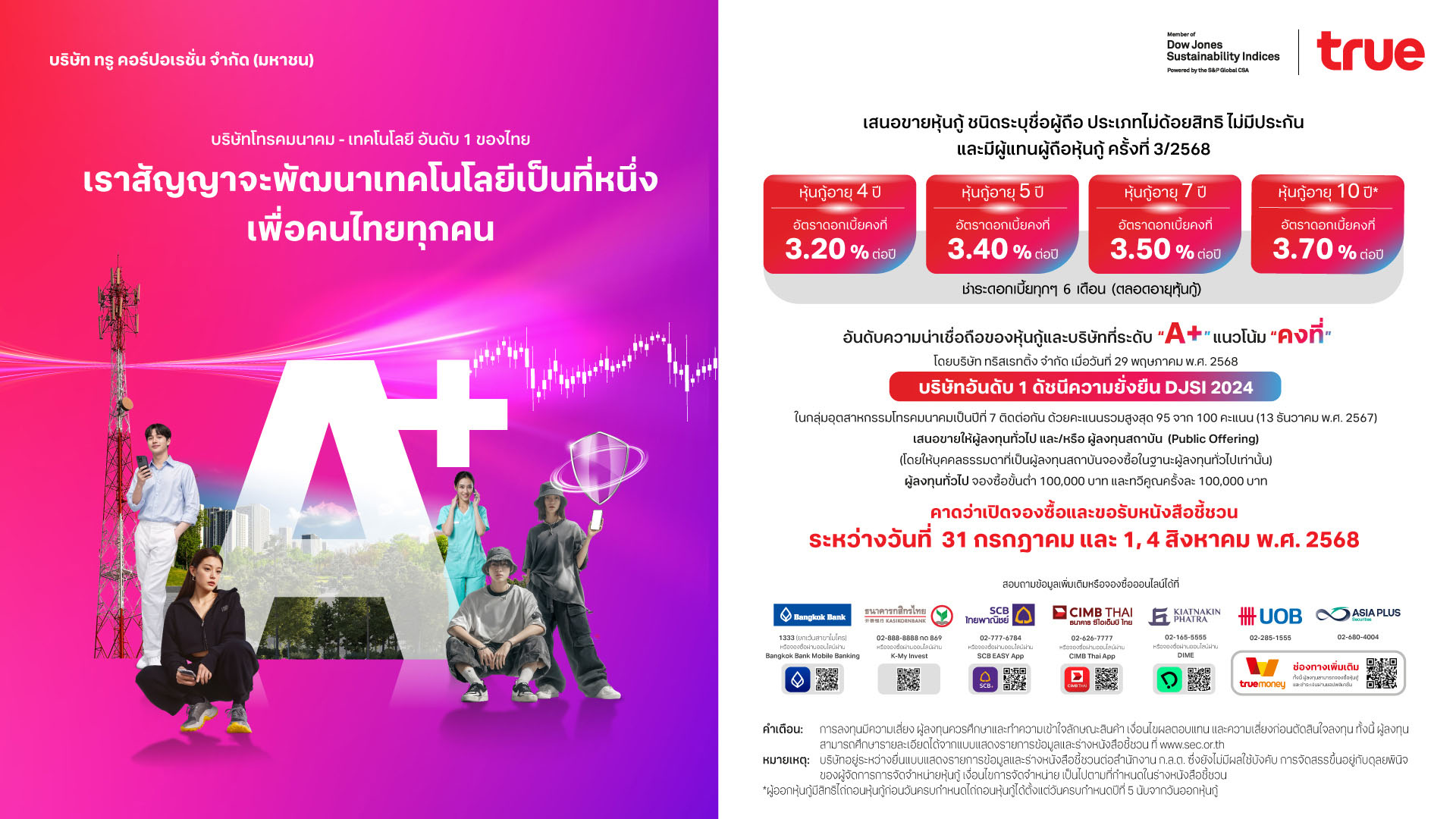 TRUE ‘ทรู คอร์ปอเรชั่น’ เปิดขายหุ้นกู้ชุดใหม่ 4 ชุด ดอกเบี้ยสูง 3.20 – 3.70% ต่อปี โอกาสทองในการลงทุน เปิดให้จองซื้อในวันที่ 31 กรกฎาคม วันที่ 1 และวันที่ 4 สิงหาคม 2568 นี้