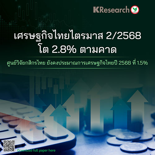 เศรษฐกิจไทยไตรมาส 2/2568 โต 2.8% ตามคาด ศูนย์วิจัยกสิกรไทยยังคงประมาณการเศรษฐกิจไทยปี 2568 ที่ 1.5%