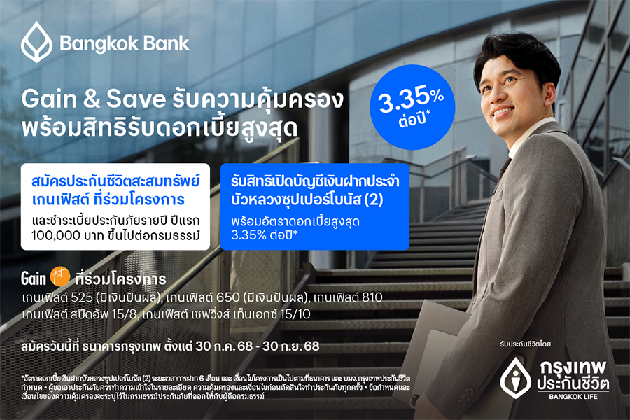 กรุงเทพประกันชีวิต ผนึกธนาคารกรุงเทพ สานต่อโครงการ Gain & Save เฟส 2 มอบความคุ้มครองชีวิต พร้อมสิทธิ์ดอกเบี้ยเงินฝากสูงสุด 3.35% ต่อปี ตอบโจทย์การวางแผนการเงินในยุคเศรษฐกิจผันผวน
