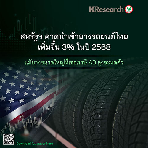 คาดสหรัฐฯ นำเข้ายางรถยนต์ไทยเพิ่ม 3% ในปี 68 แม้ยางขนาดใหญ่ที่เจอภาษี AD สูงจะหดตัว