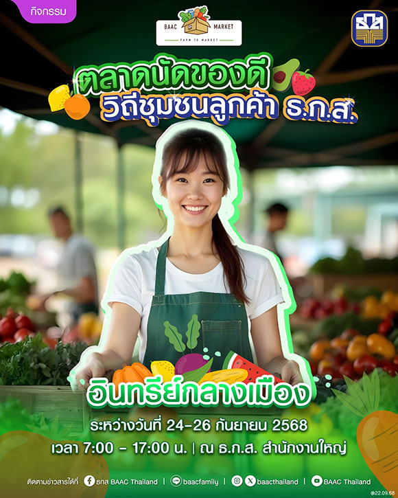 เอาใจสายรักสุขภาพ! ธ.ก.ส. เปิดตลาดนัดสินค้าเกษตร ‘อินทรีย์ กลางเมือง’ 24 - 26 ก.ย. นี้