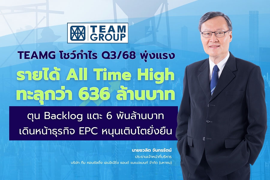 TEAMG โชว์กำไร Q3/68 พุ่งแรง รายได้ All Time High ทะลุกว่า 636 ล้านบาท ตุน Backlog แตะ 6 พันล้านบาท เดินหน้าธุรกิจ EPC หนุนเติบโตยั่งยืน