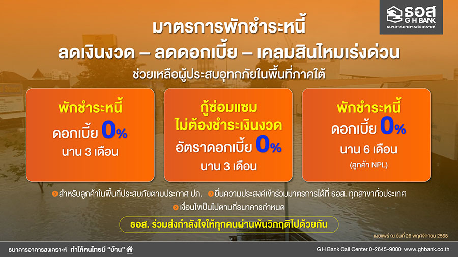 ธอส. จัดทำมาตรการพักชำระหนี้ - ลดเงินงวด – ลดดอกเบี้ย – เคลมสินไหมเร่งด่วน ช่วยเหลือผู้ประสบอุทกภัยในพื้นที่ภาคใต้