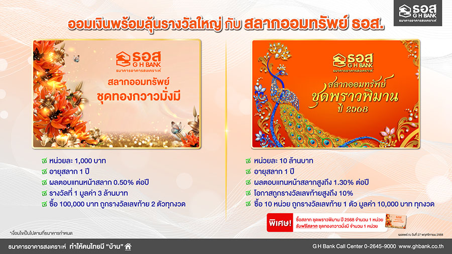 ไม่ว่า GEN ไหนๆ ก็ออมเงินพร้อมลุ้นรางวัลใหญ่ได้ทุกงวดกับสลากออมทรัพย์ ธอส. ชุดทองกวาวมั่งมี และ ชุดพราวพิมาน ปี 2568